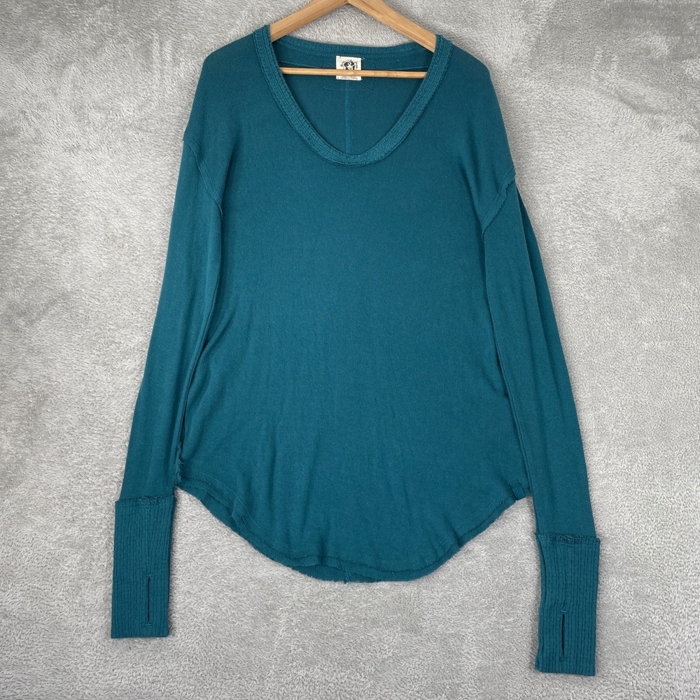 Free People We The Free Shirt Womens Small Teal Thermal Waffle Knit Thumbhole
